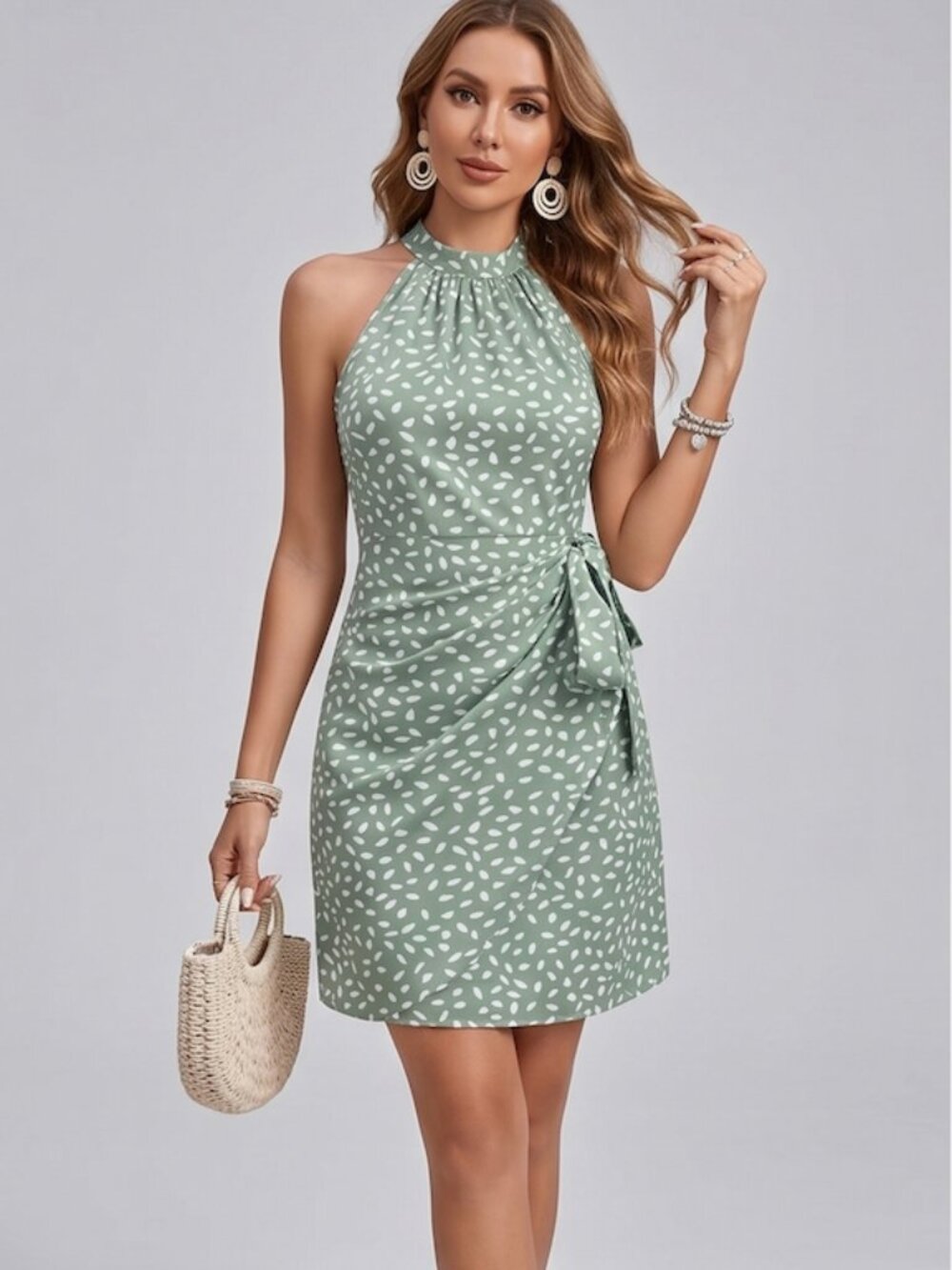 Spotted Halter Neck Mini Dress Sage Green